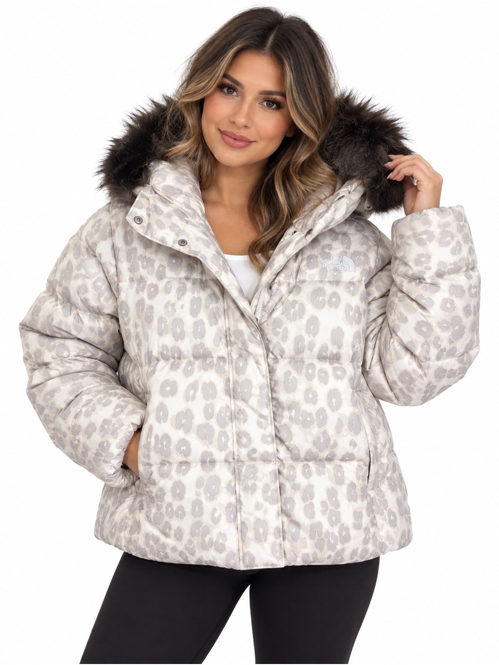🦋The North Face Leopard Print Dealio Down Jacket Hood w Removable... size-XL
